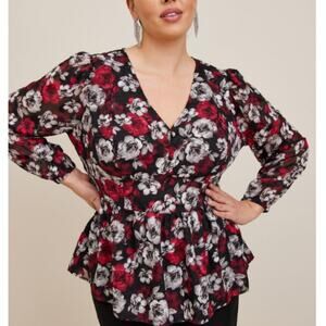 Torrid 1X Floral Peplum Chiffon Flowy Button Blouse